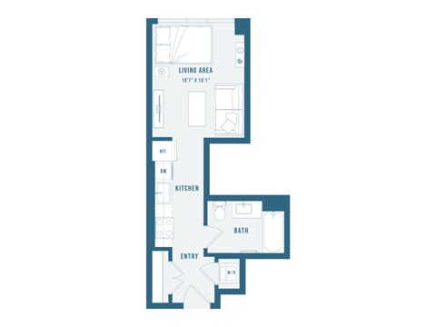 A floor plan of a small apartment with a living area, kitchen, bathroom, and entry.